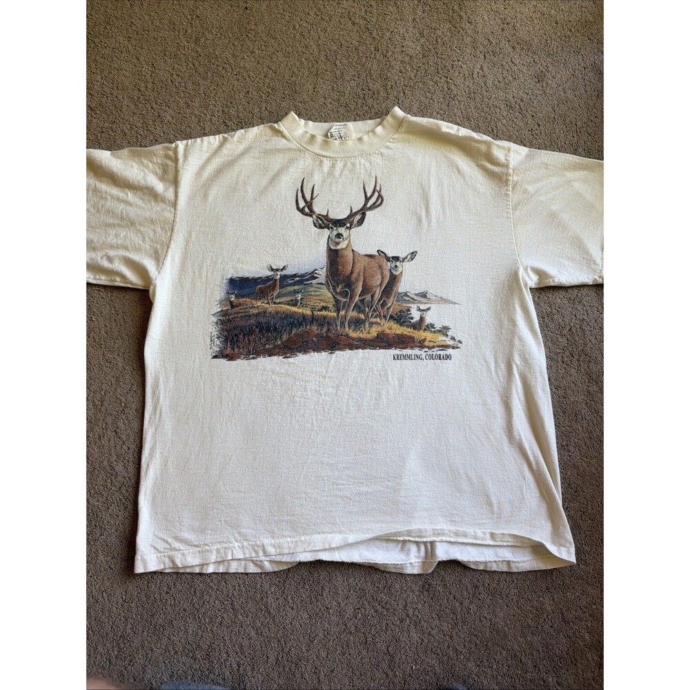 VTG Oneita Kremmling Colorado Deer Nature Graphic Single Stitch XL White Shirt